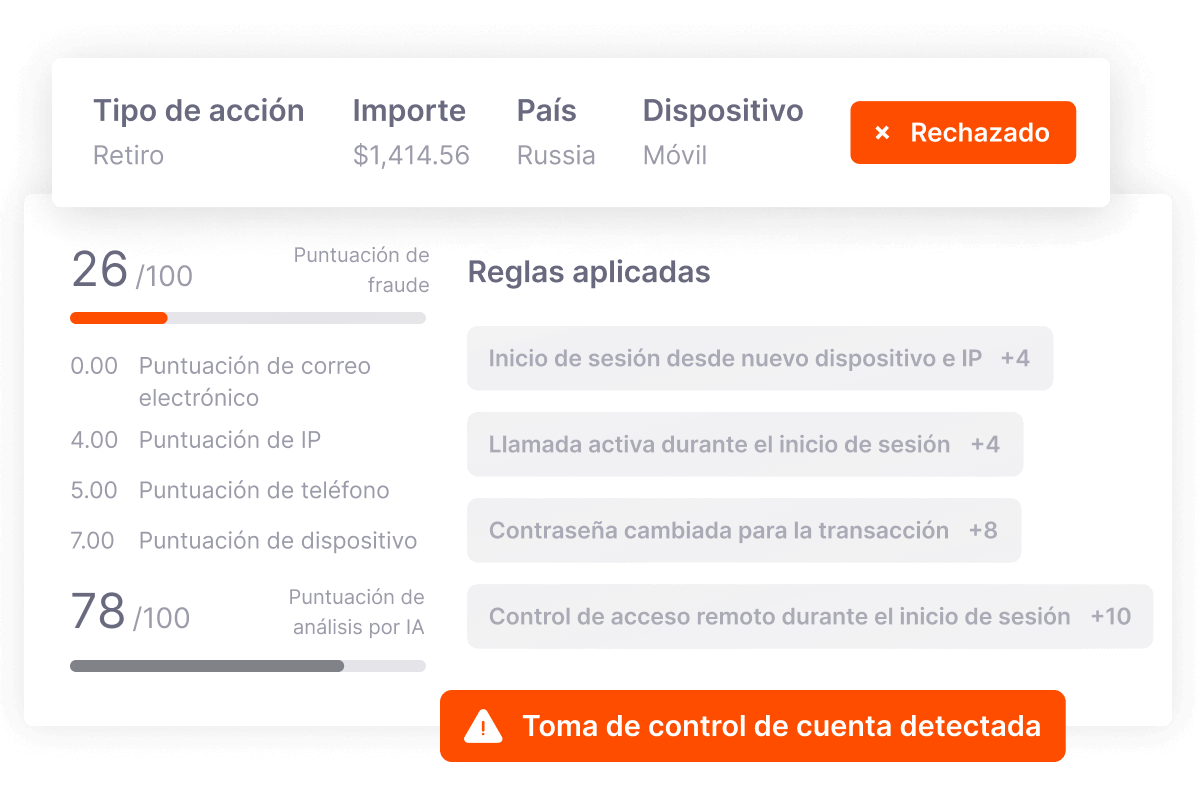 An&aacute;lisis de fraude de SEON con reglas, puntajes de riesgo e insights de IA.
