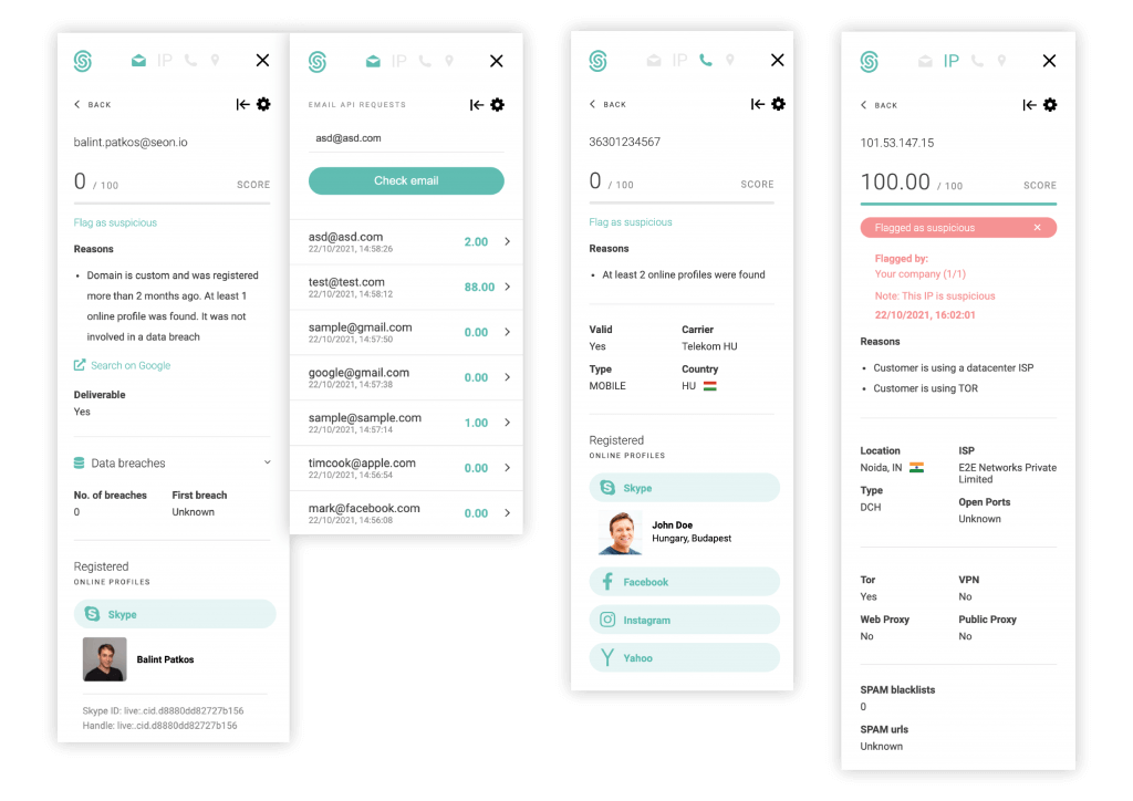 example of data enrichment results via SEON for a good digital onboarding