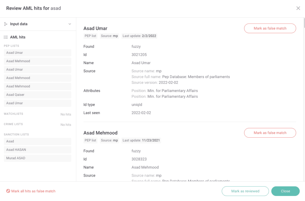 screenshot of SEON's AML functionality