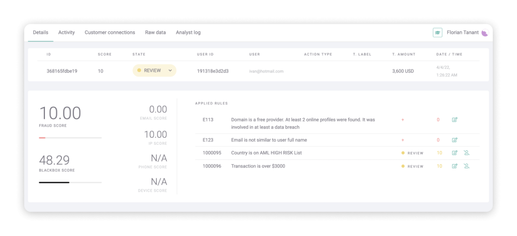 AML-transaction threshold triggered on the SEON platform