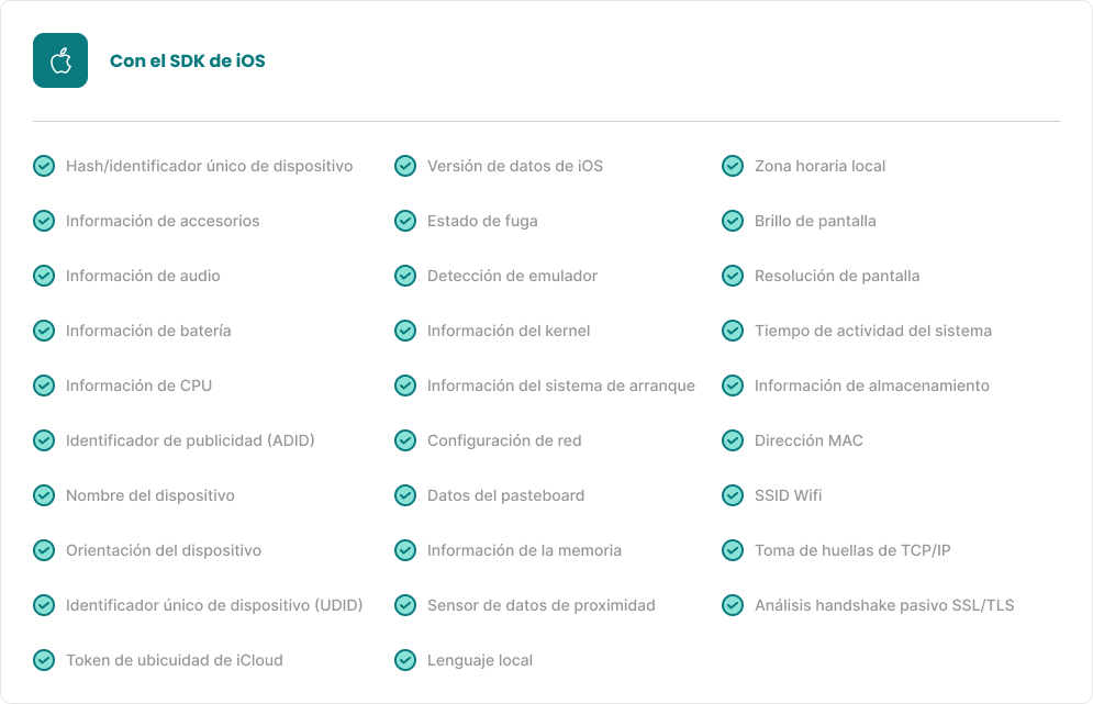 parametros recolectables para la huella del dispositivo en iOS