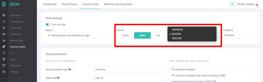 A screenshot displaying the custom rules for e-commerce companies so they can detect multiple failed password attempts.