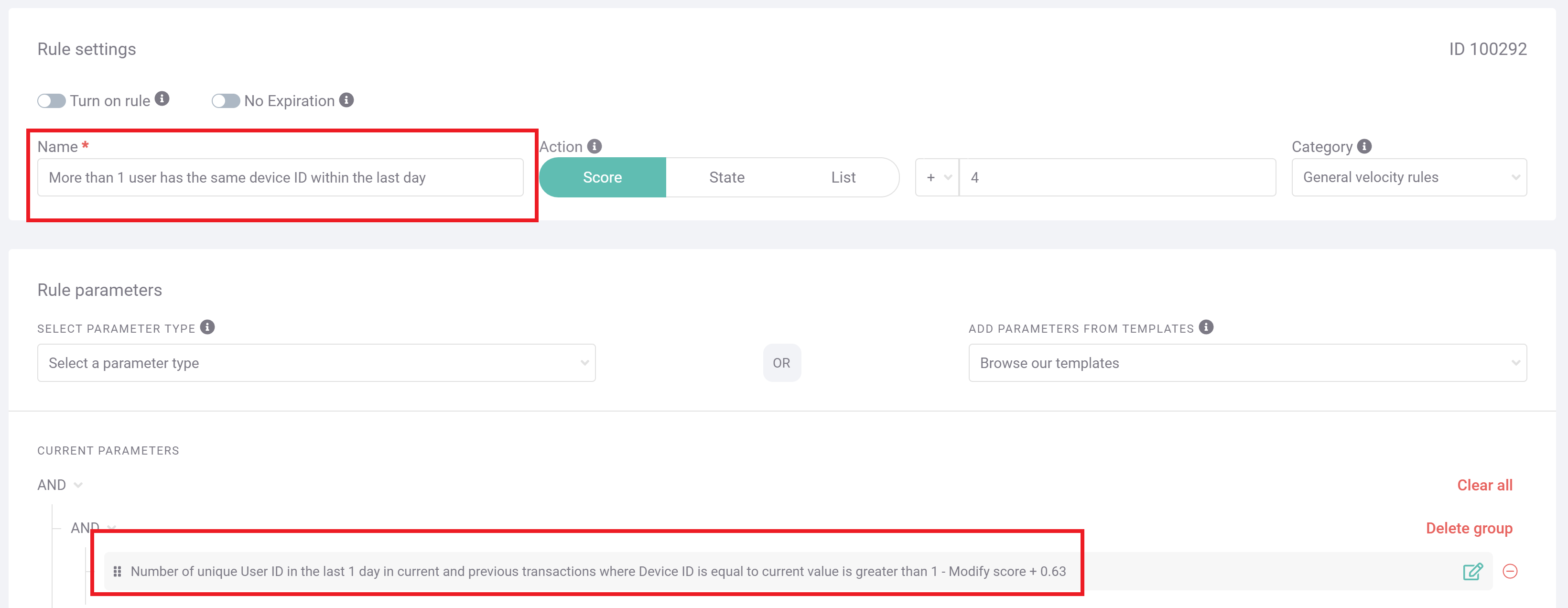 A screenshot showing a custom rule in the SEON platform to detect instances of Device Fingerprinting within a particular timeframe.