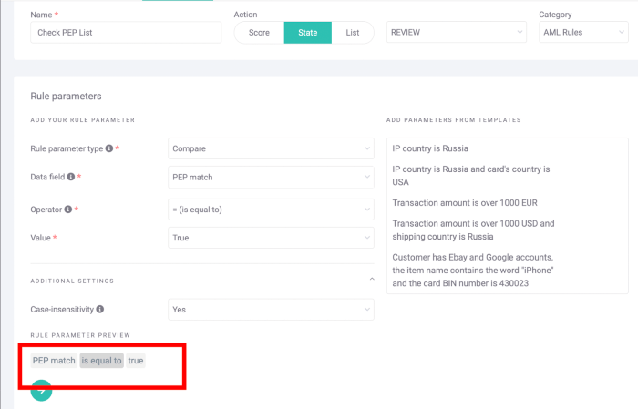 A screenshot displaying how PEP individuals are flagged by SEON's AML API.