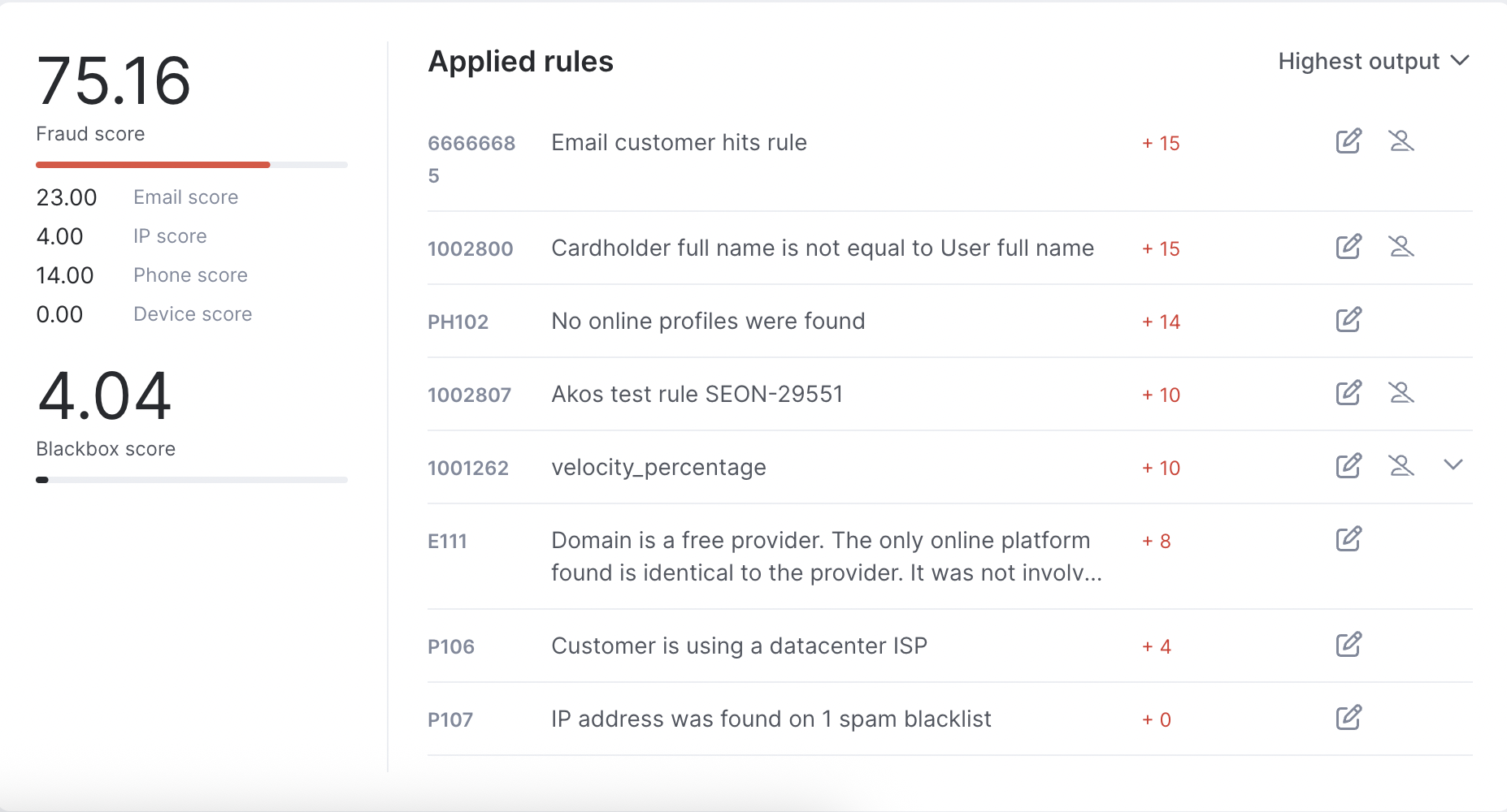 SEON's fraud scoring engine evaluating a series of risk signals.