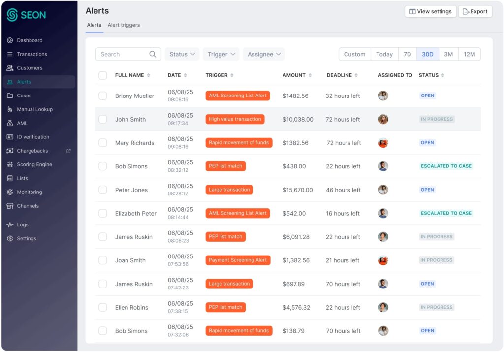 SEON's unified transaction monitoring system for fraud and AML with shared workspace and audit trail.