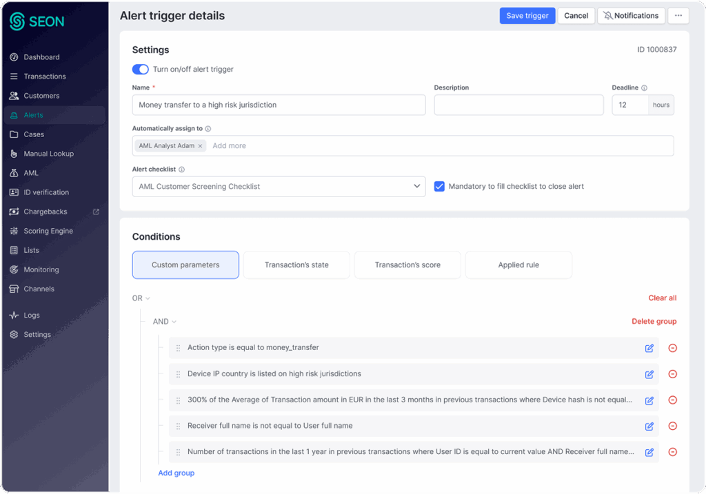 SEON dashboard showing automated alert routing and standardized AML investigation checklists.