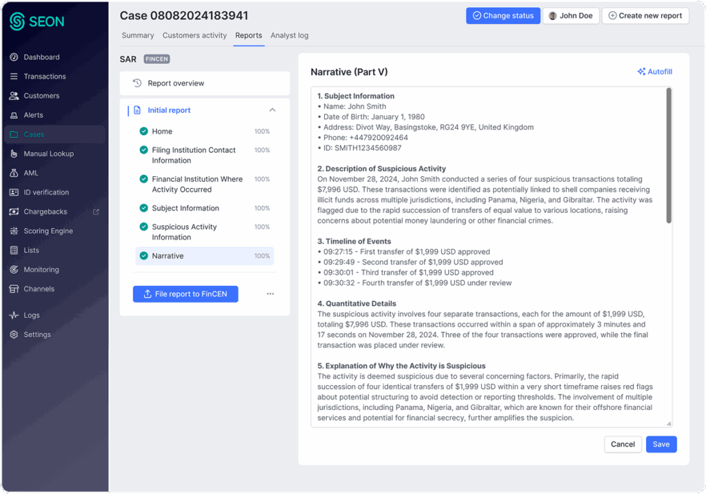 SEON dashboard showing shared notes, task assignment, and AML case collaboration tools.