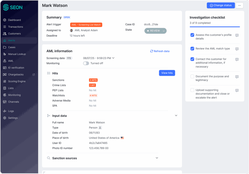SEON real-time customer screening dashboard showing AML hits for sanctions and crime lists.