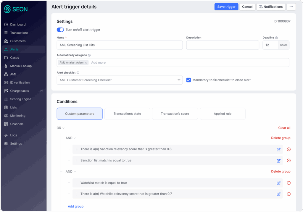 SEON dashboard showing custom rule creation and alert trigger setup for AML compliance.