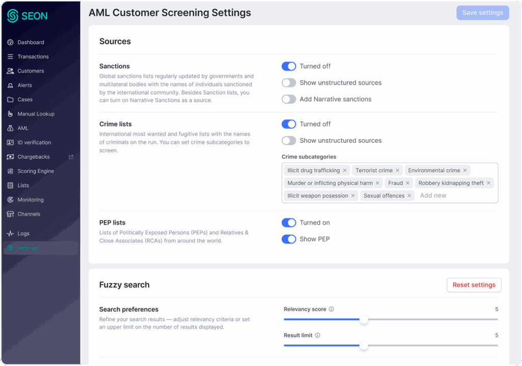 SEON dashboard showing customizable automated AML monitoring and ongoing customer checks.