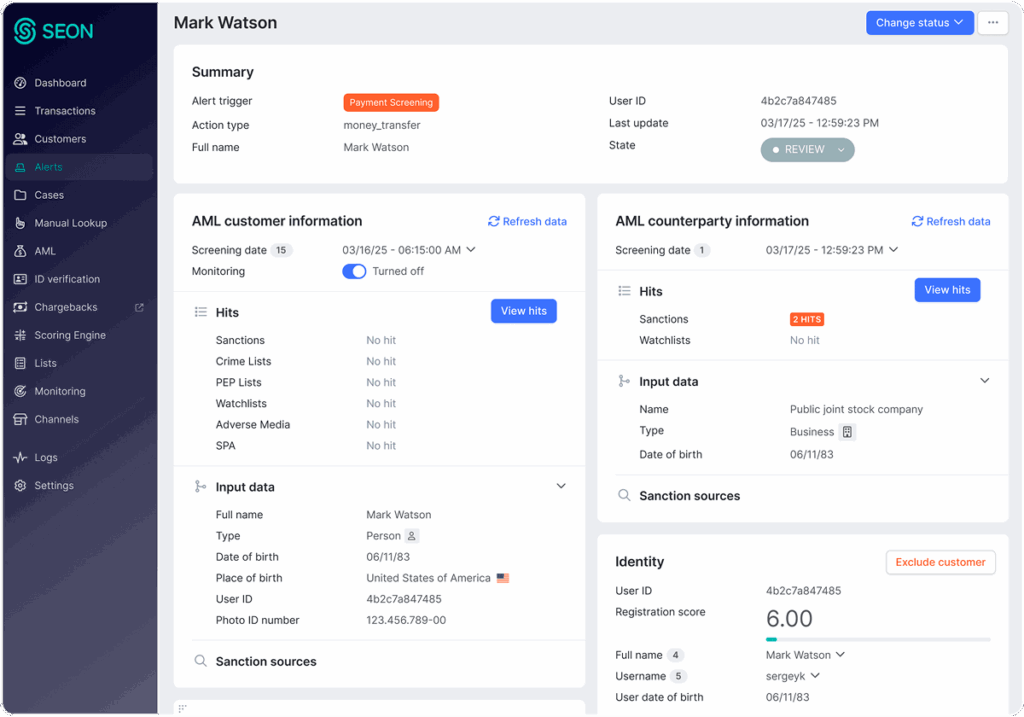 SEON dashboard showing instant transaction screening to block high-risk payments in real time.