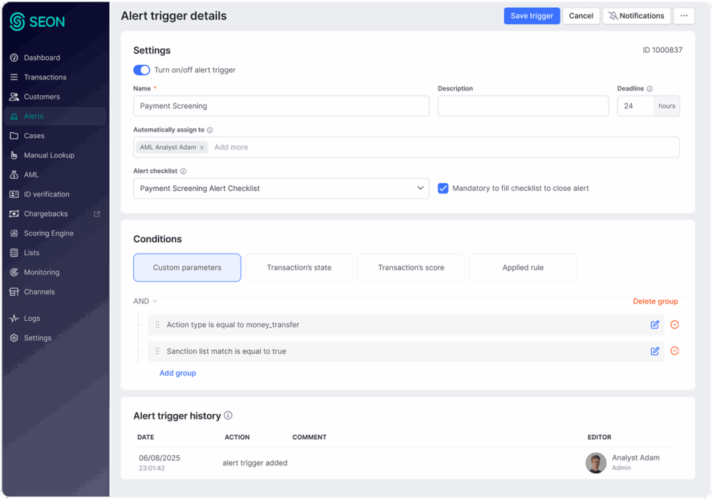SEON dashboard showing granular rules to block high-risk transactions and cross-border threats.