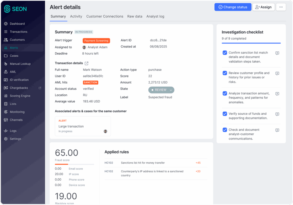 SEON dashboard showing case management with flagged payments, notes, and escalation options.