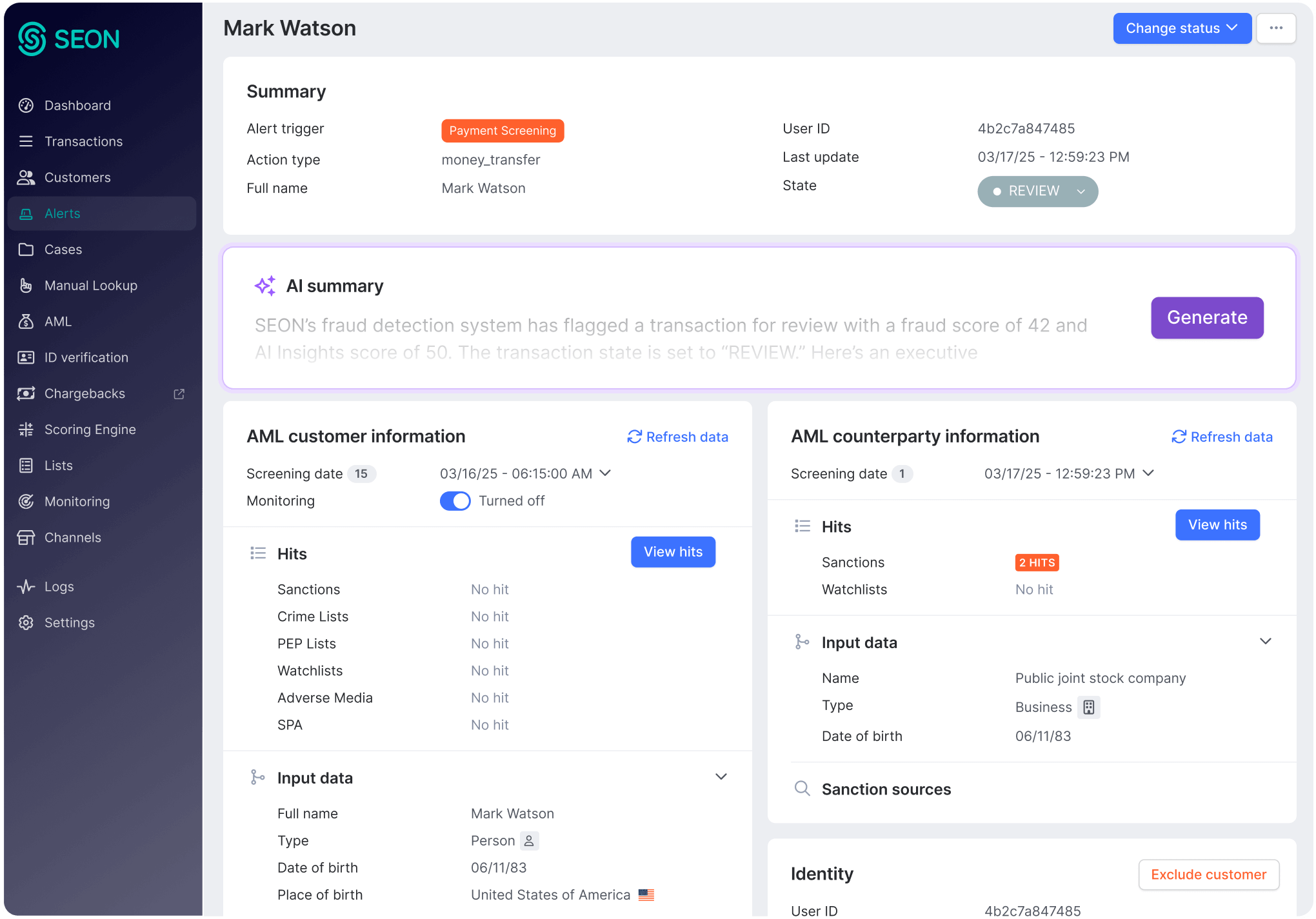 SEON dashboard: payment screening with real-time sanctions checks.