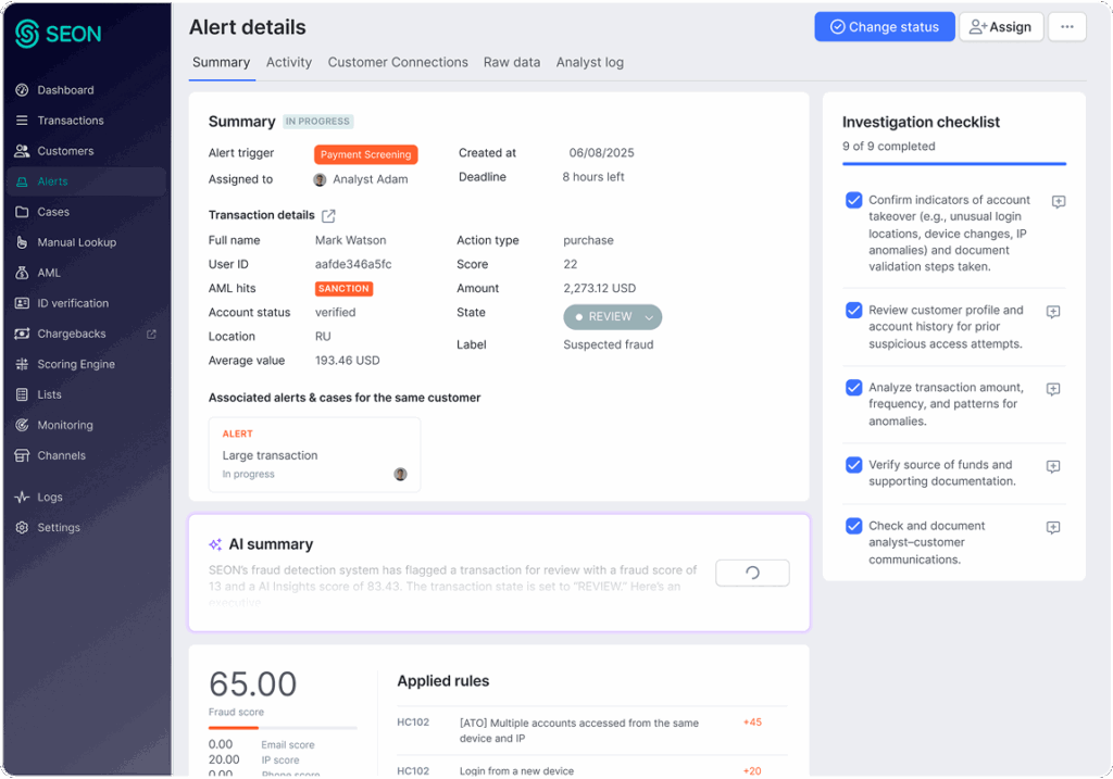 SEON fraud prevention software showing alert details for account takeover