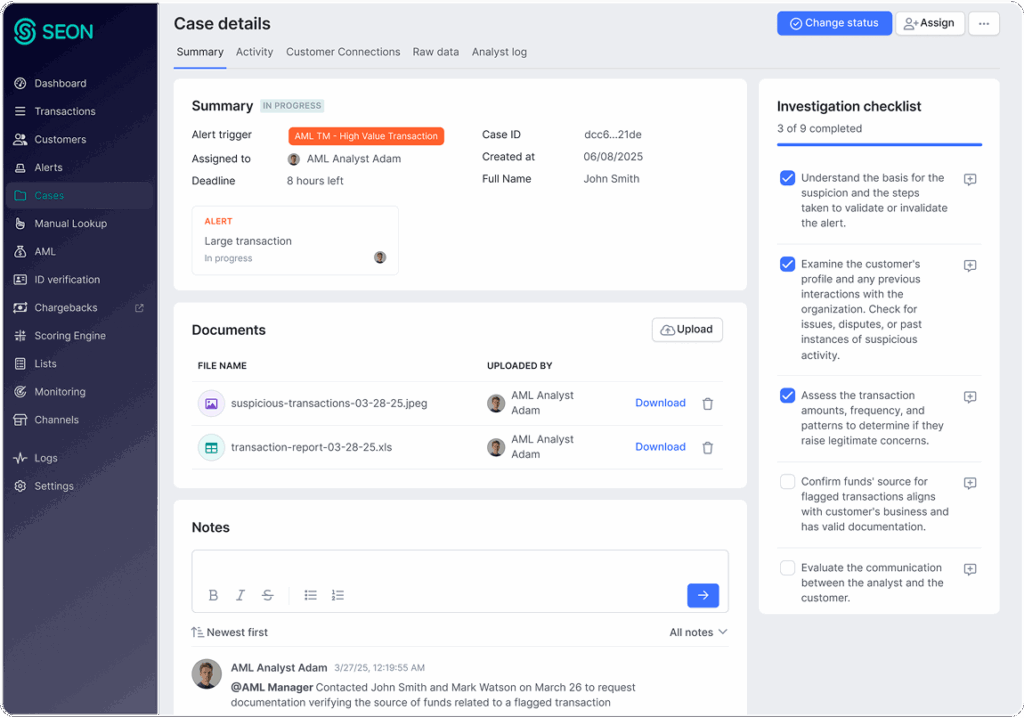 SEON case dashboard with enriched data and team collaboration tools