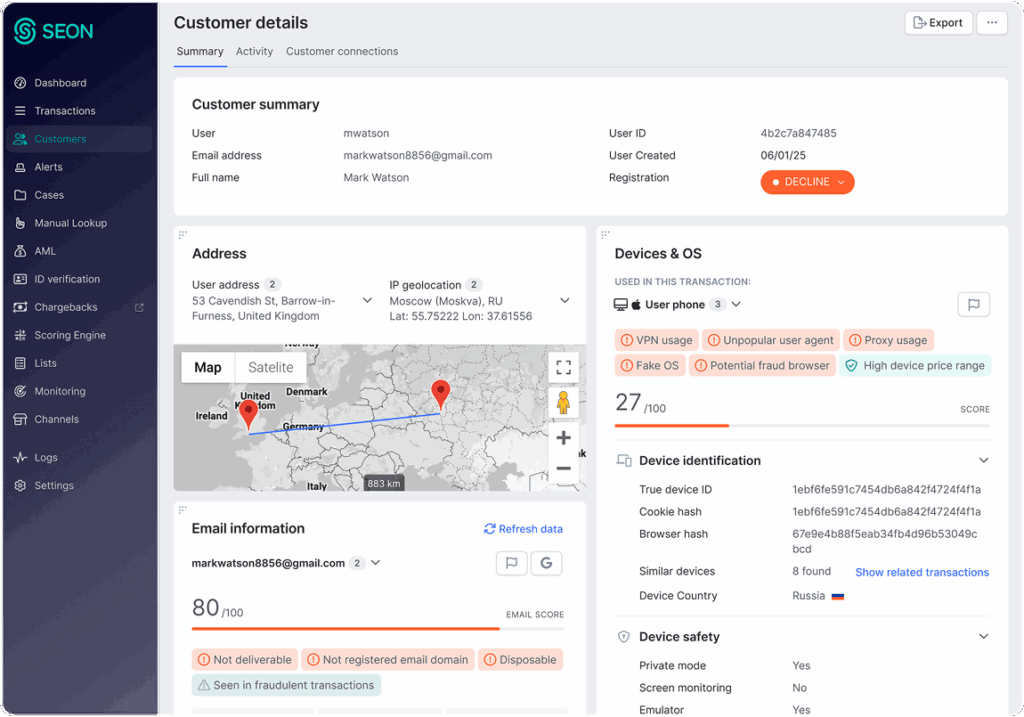 SEON fraud prevention software showing customer digital footprint