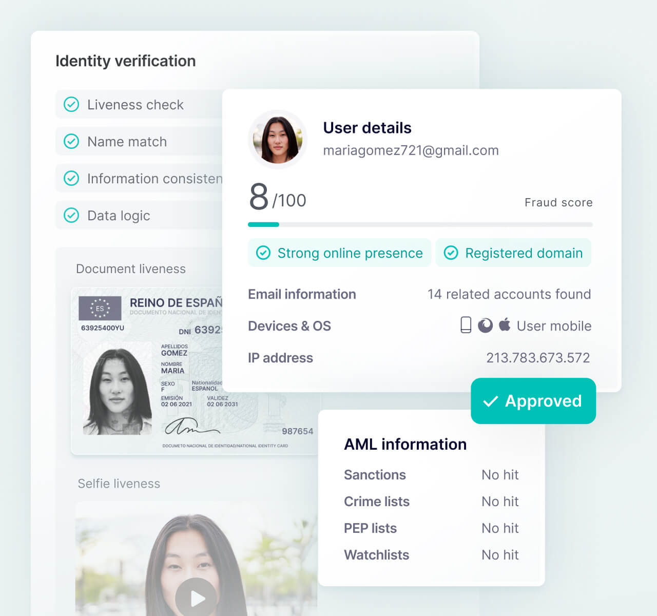 SEON dashboard showing identity verification, AML insights, and user details