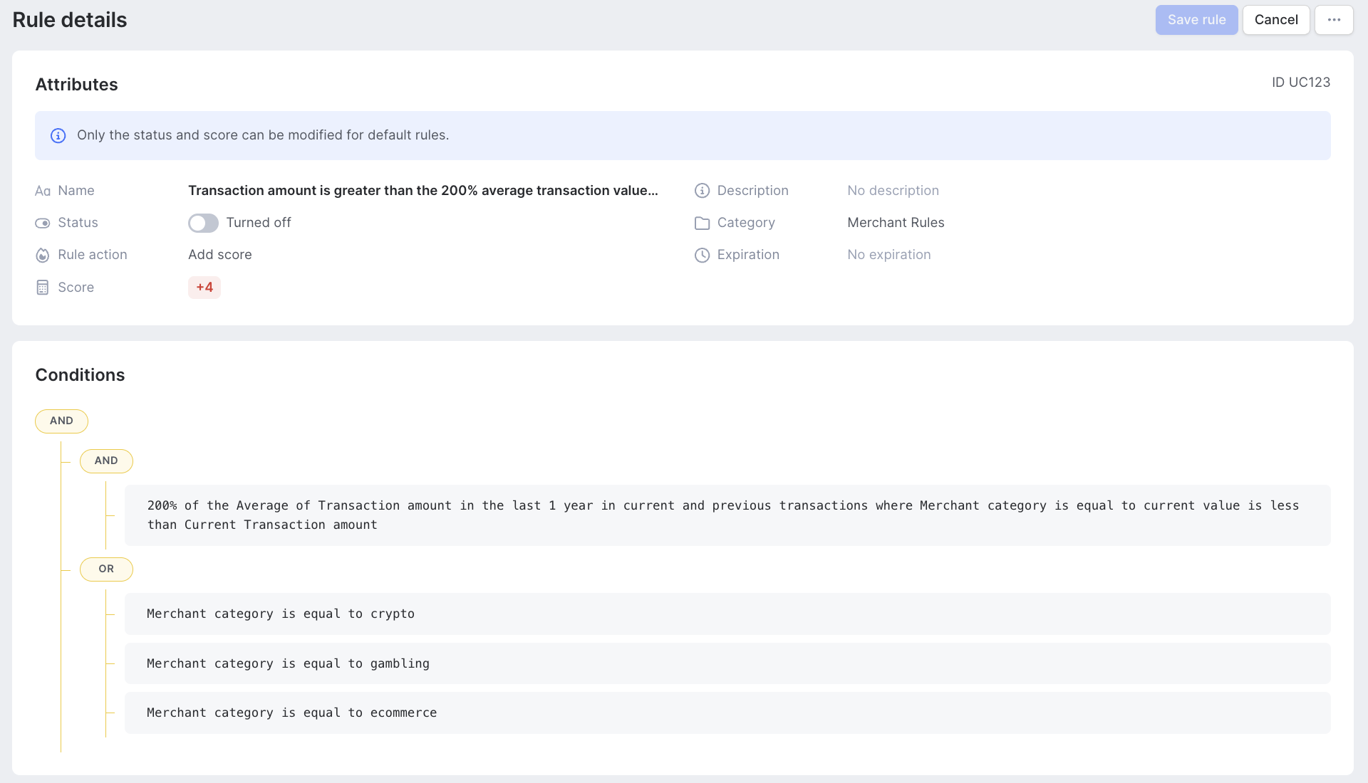 SEON dashboard showing rule details for suspicious transaction amounts