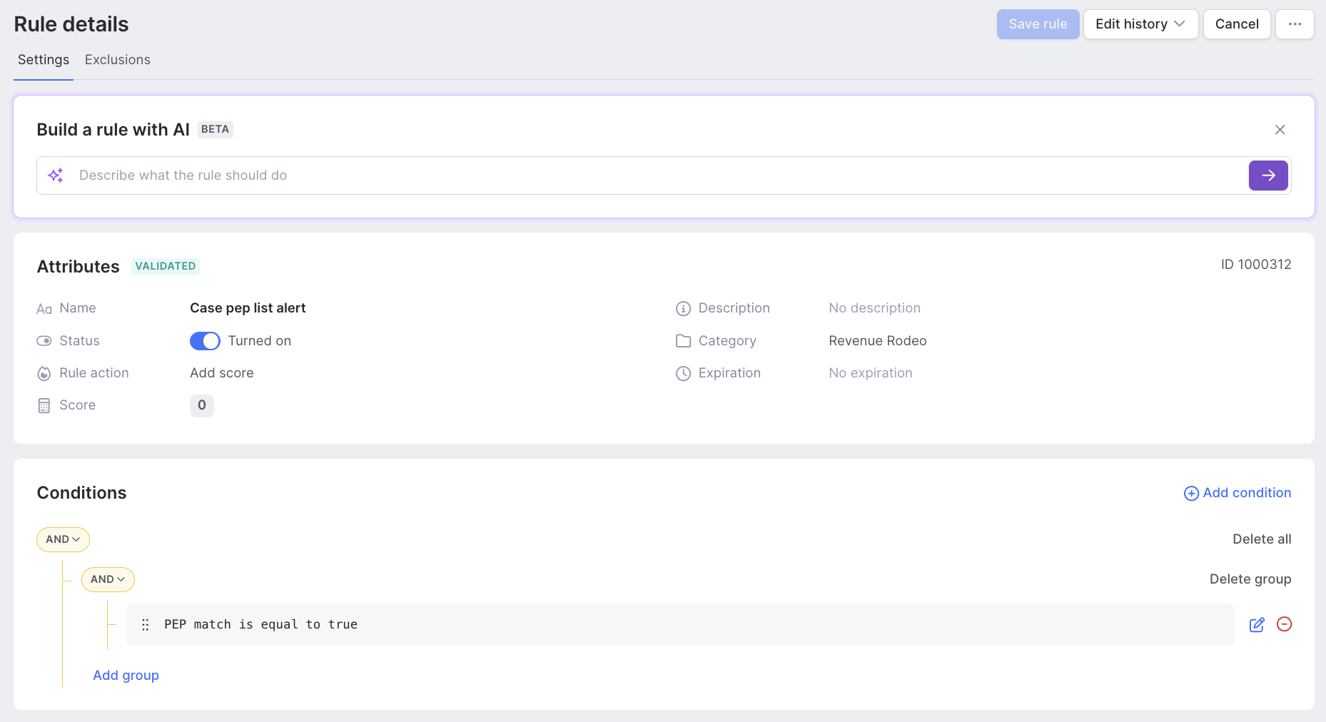 Rule details with case PEP list alert on