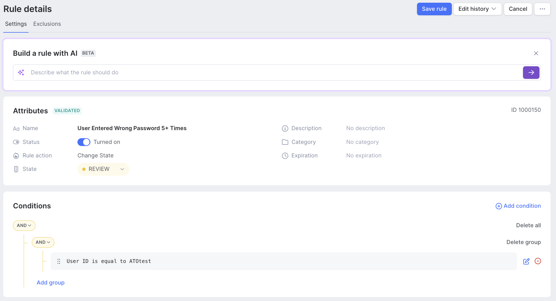 SEON dash, rule details showing user entered wrong password 5 times