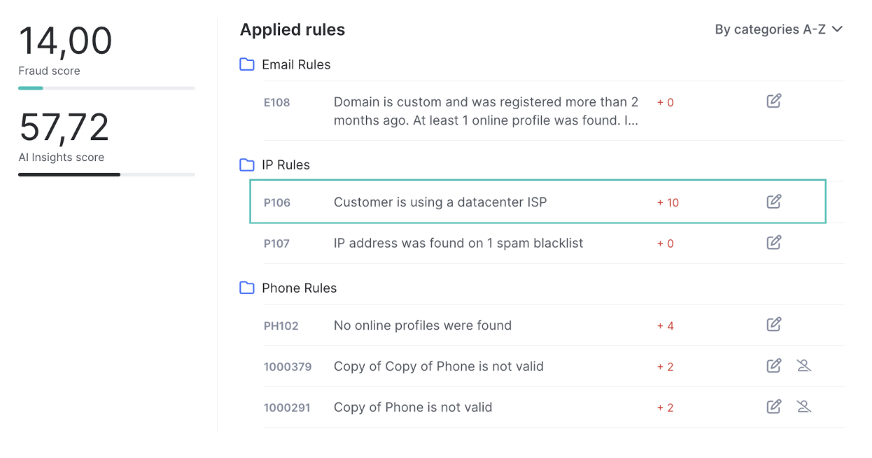 SEON's dashboard showing IP rules for proxy detection