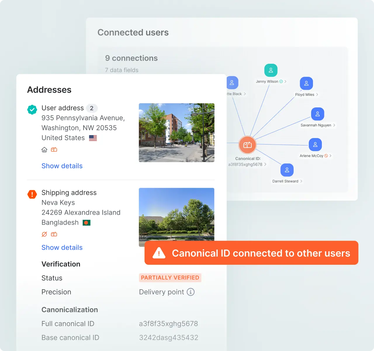 Address verification linking accounts by canonical ID to surface fraud rings