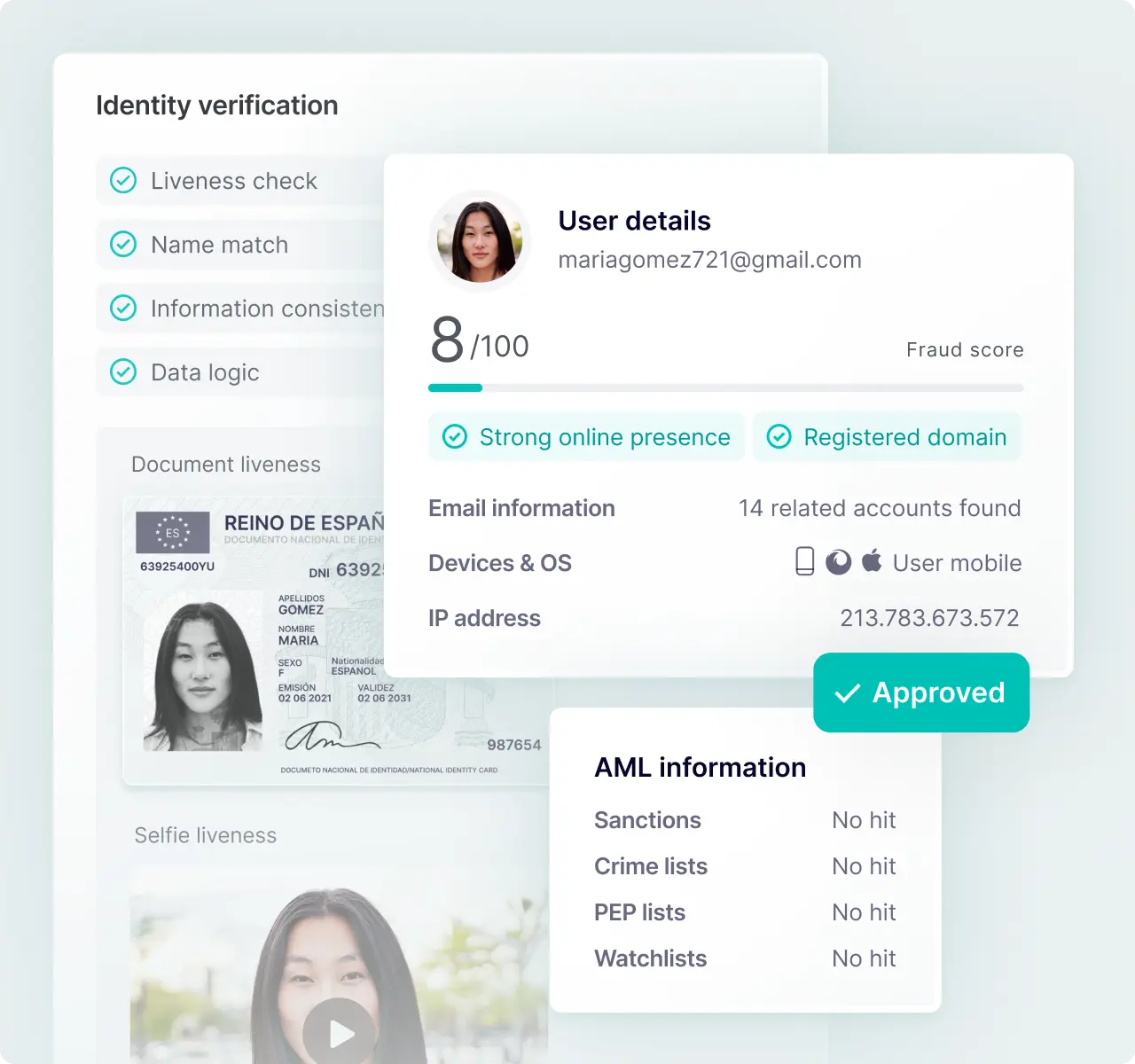 Address verification with document analysis, fraud signals and AML checks in one view