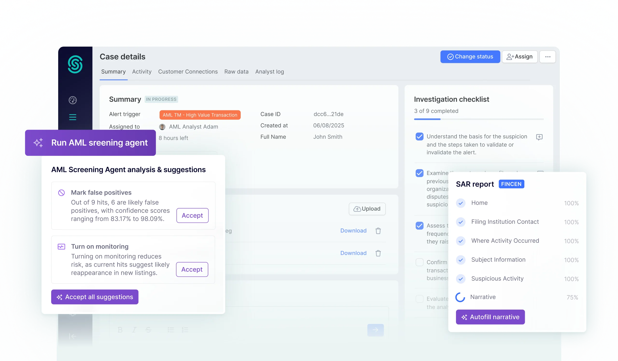SEON AML case dashboard with the screening agent flagging false positives and an auto-filled FinCEN SAR report