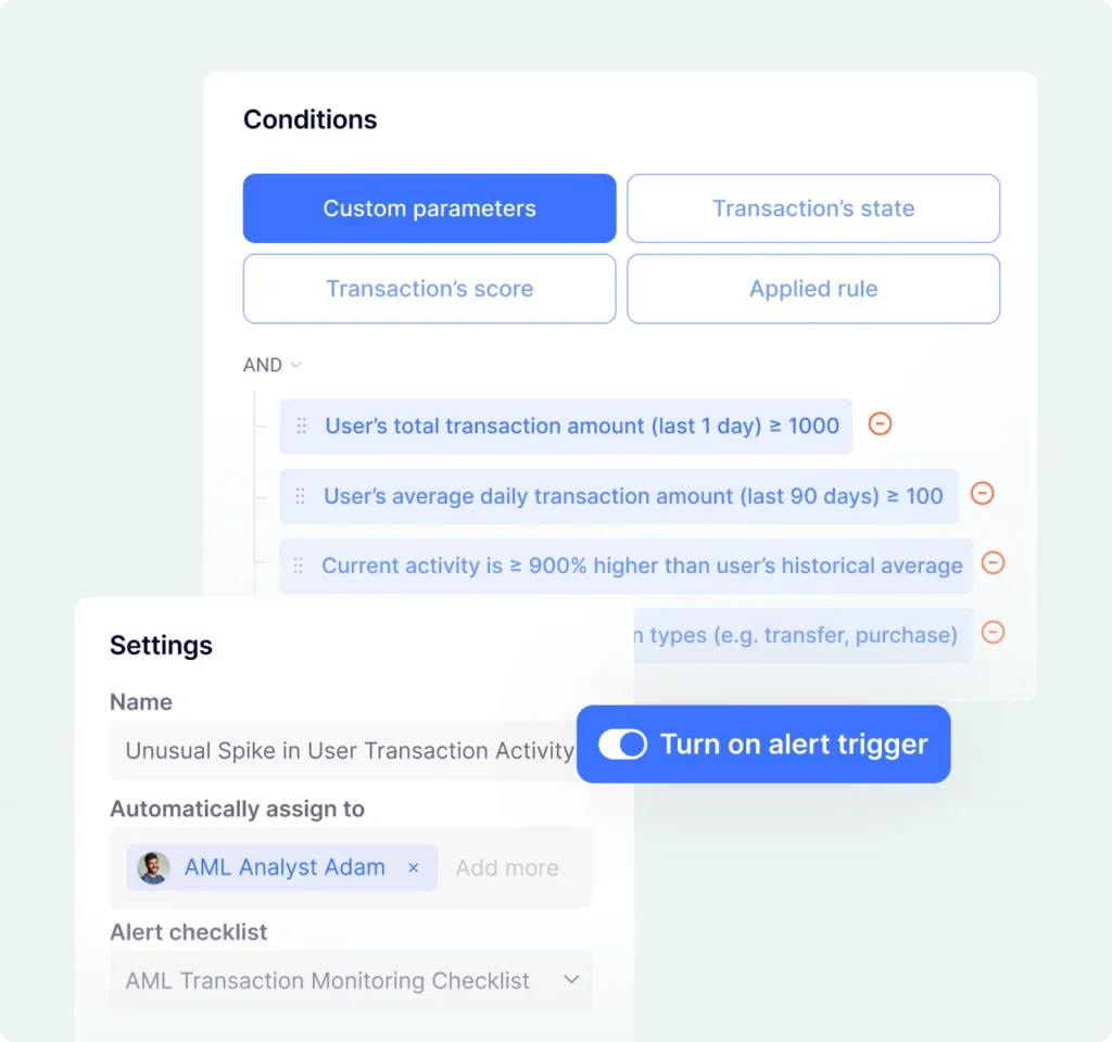 AML rule builder combining transaction thresholds and fraud signals to catch structuring and layering