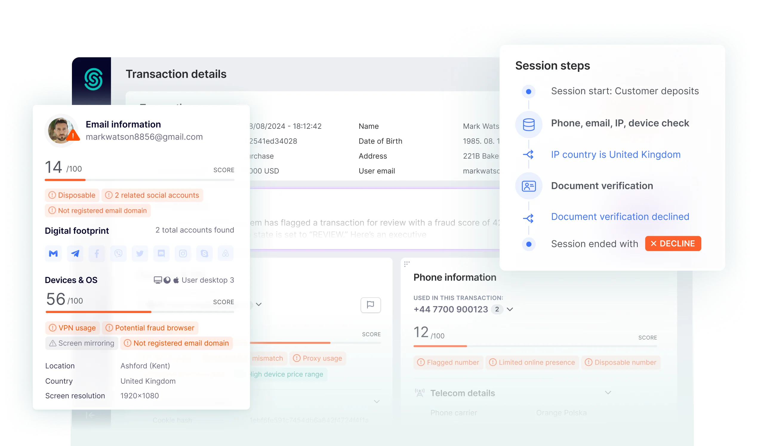 SEON fraud prevention dashboard scoring a risky transaction in real time and declining it