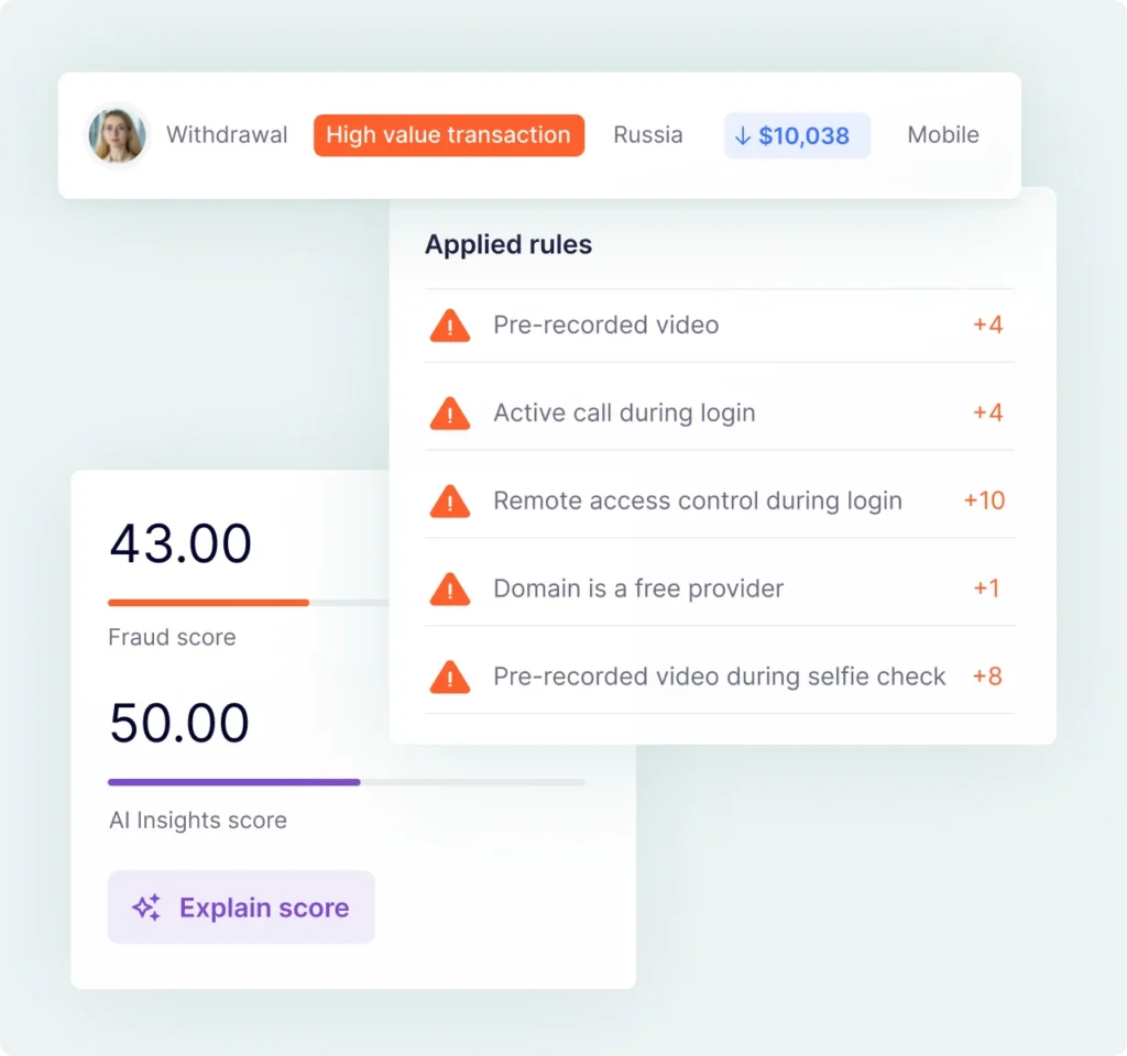 Real-time fraud score flagging a high-risk withdrawal with account takeover signals