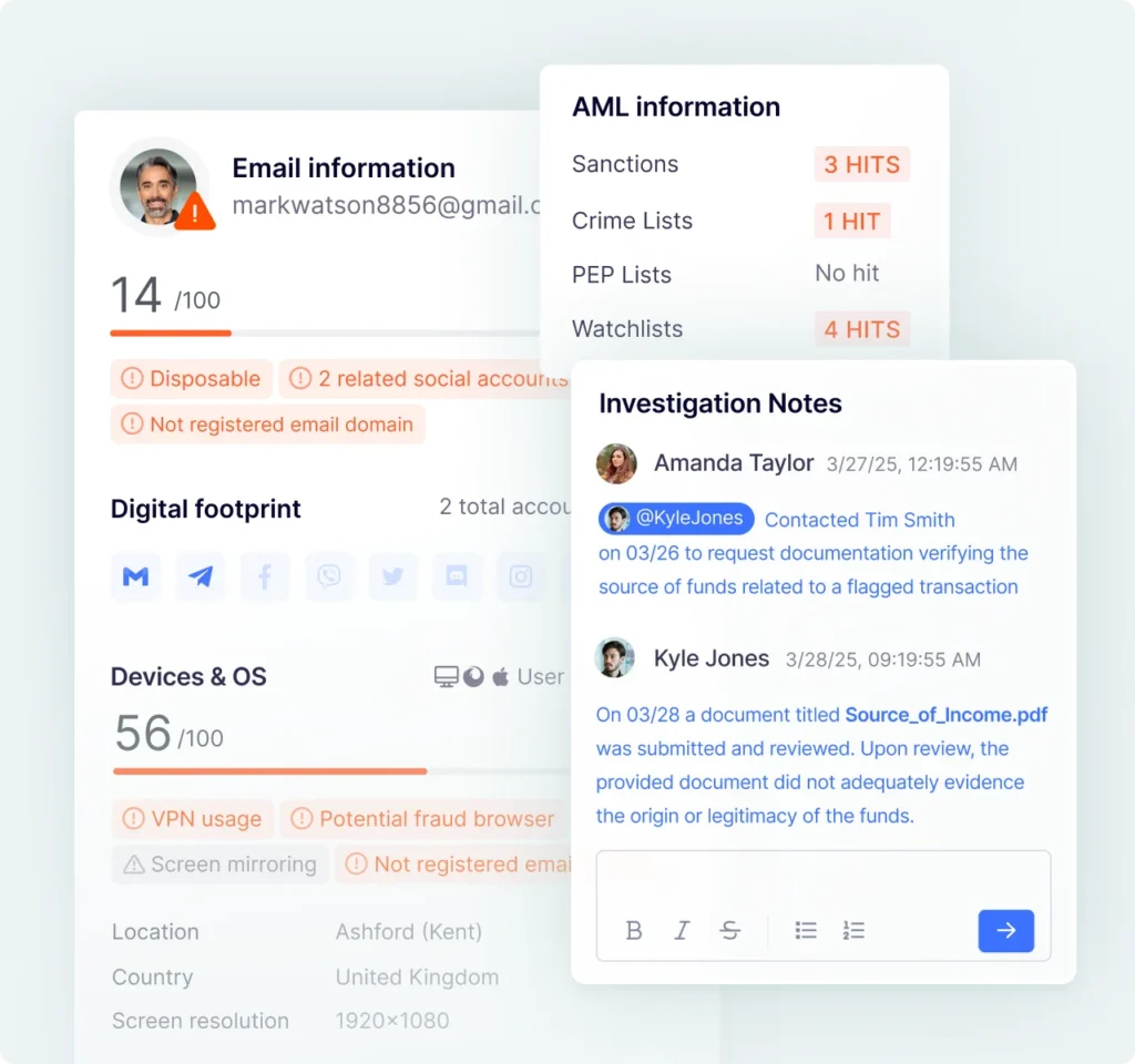 Fraud investigation view with email risk, device and digital footprint signals plus analyst notes