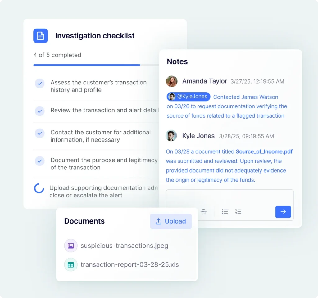 Fraud case management with an investigation checklist, analyst notes and evidence documents