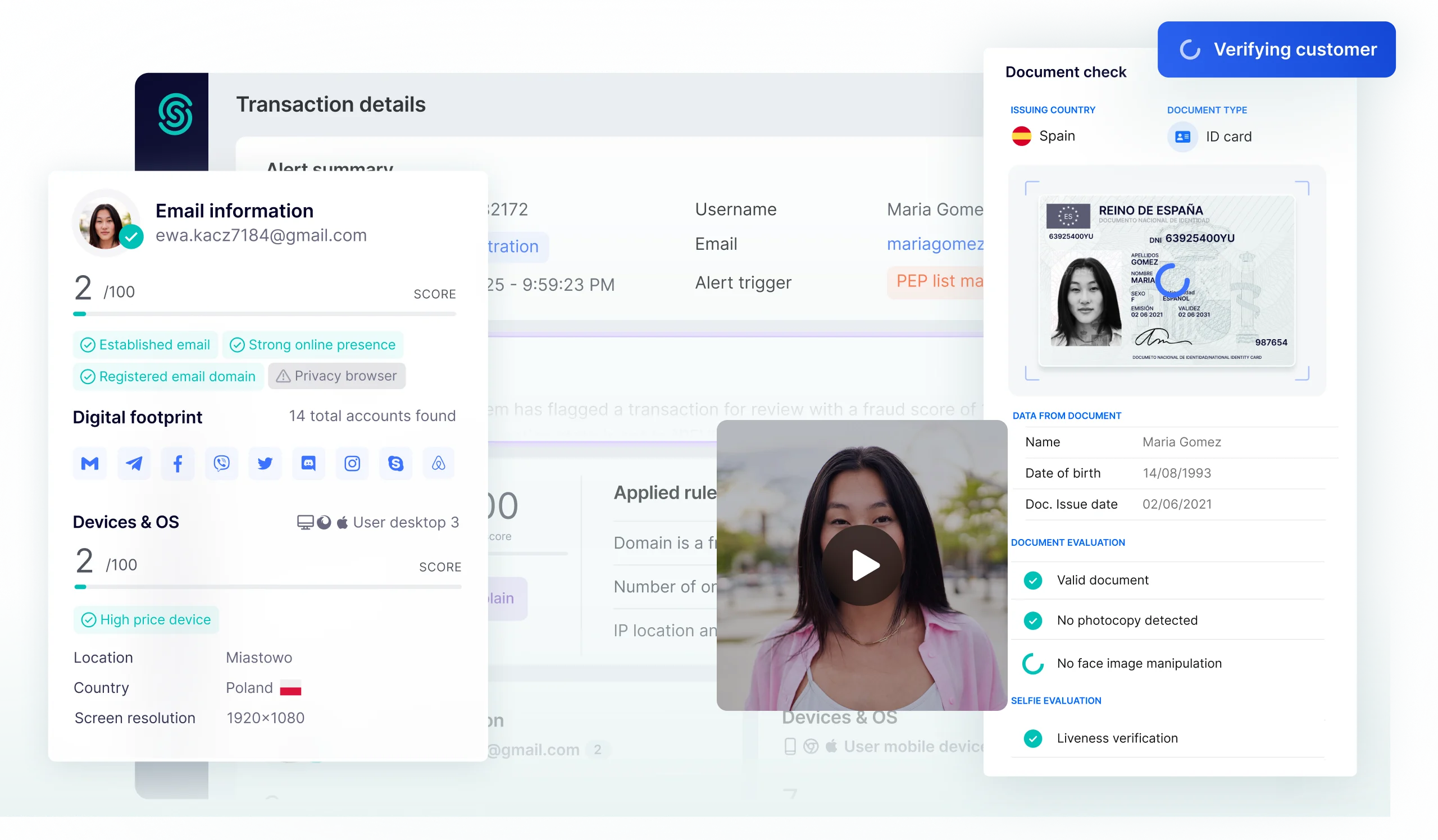 Identity verification checking an ID and selfie liveness with email and device fraud signals