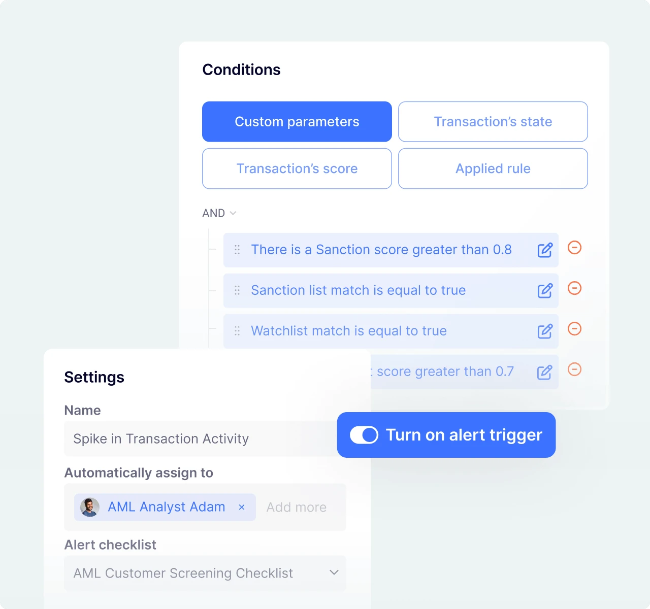 SEON dashboard showing custom rule creation and alert trigger setup for AML compliance.