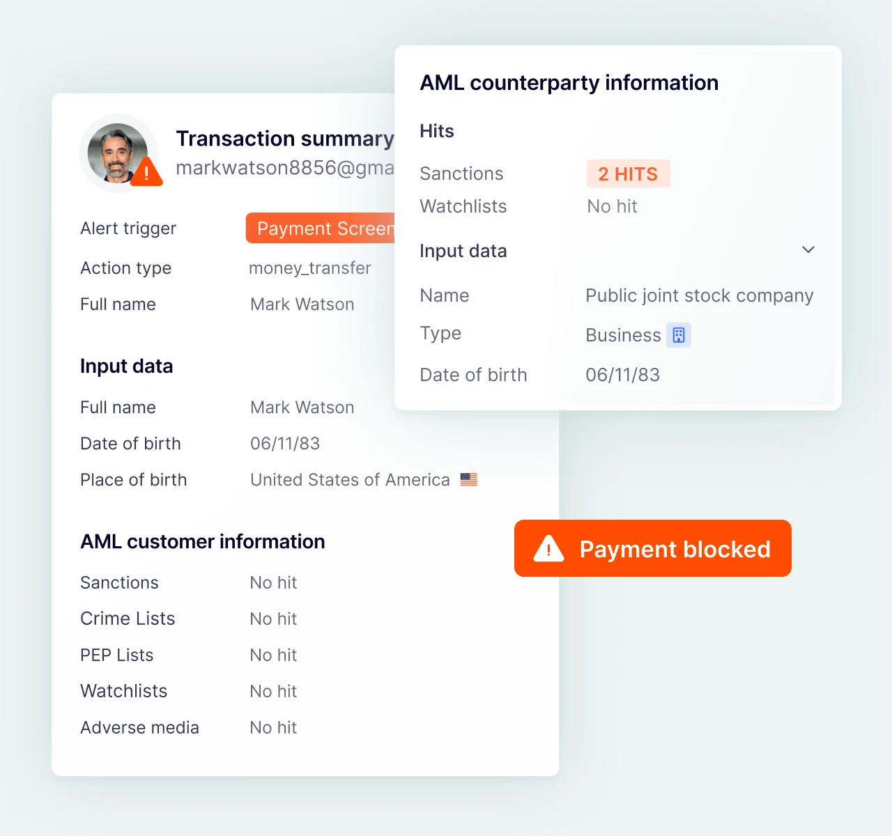 SEON dashboard: payment screening with real-time sanctions checks.