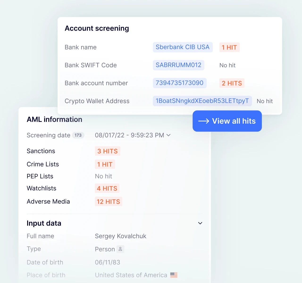 SEON dashboard showing BIC, SWIFT, and crypto wallet risk checks.