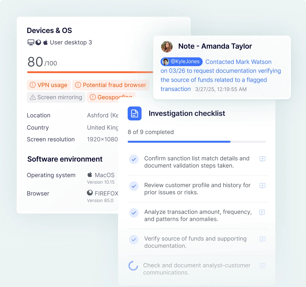 SEON dashboard showing case management for flagged payments, notes, and escalations.