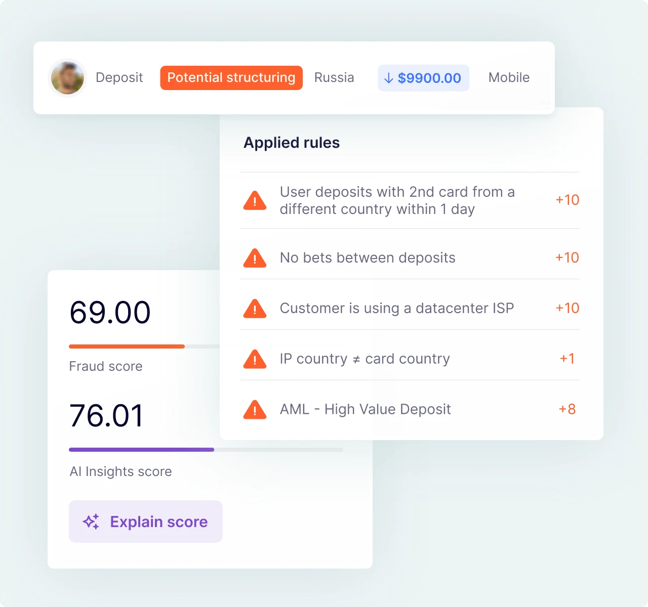 SEON AML transaction monitoring software dashboard with suspicious transaction alerts.