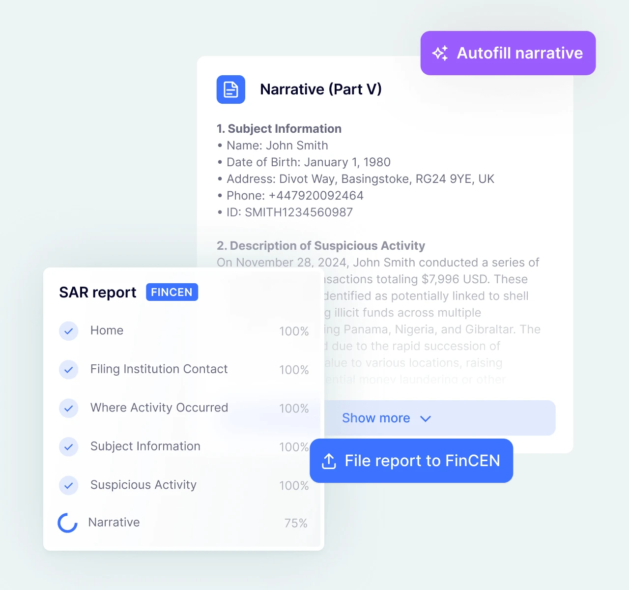SEON dashboard showing shared notes, task assignment, and AML case collaboration tools.